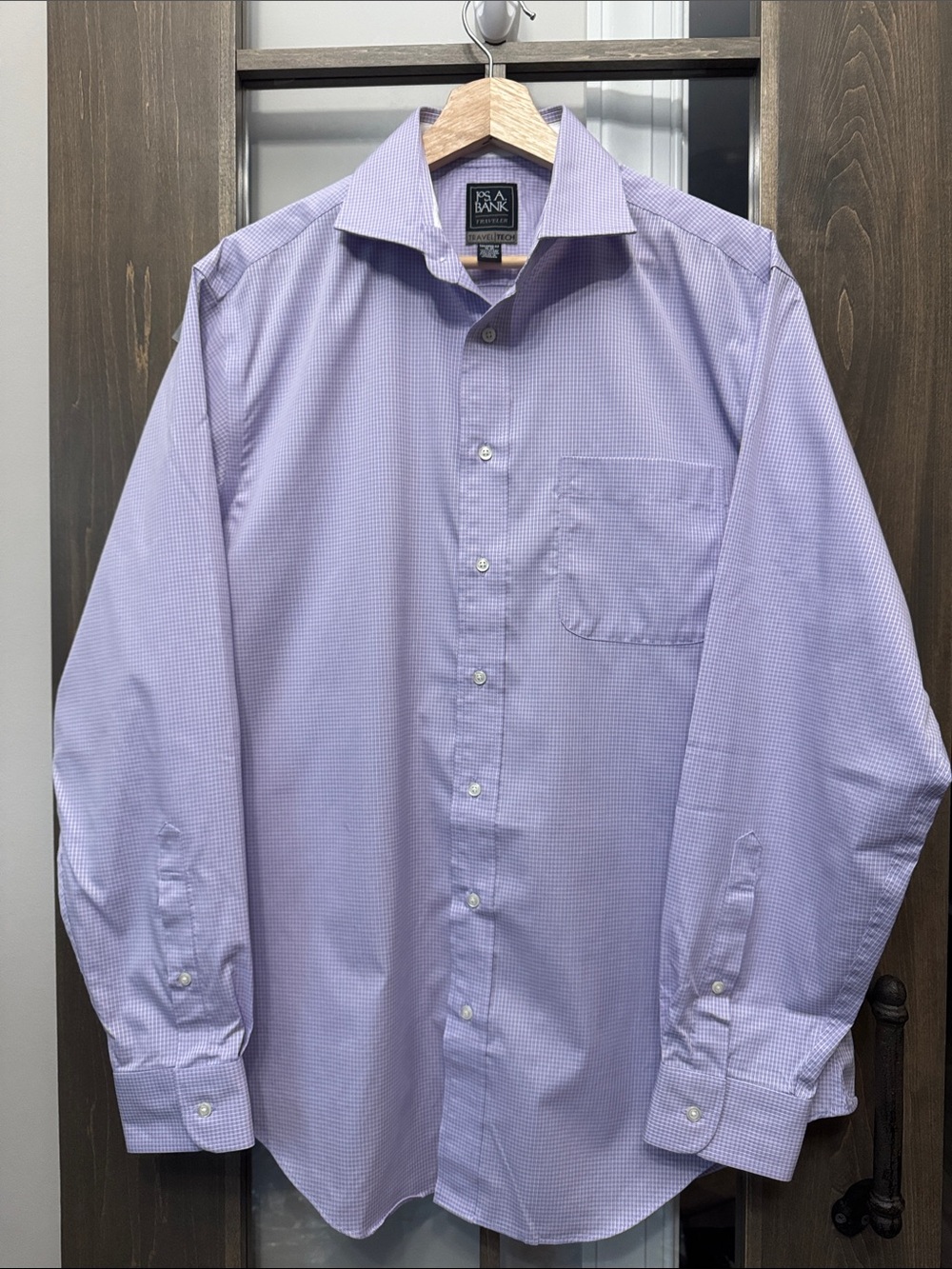 Jos A Bank Travel Tech Shirt Tailored Fit Button Up Checkered Long Sleeve purple